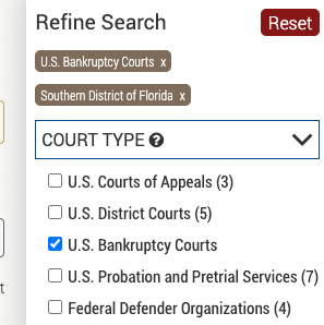 screenshot of Court Finder's 'court type' filter