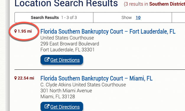 screenshot of Court Finder search results narrowed to only show bankruptcy courts.